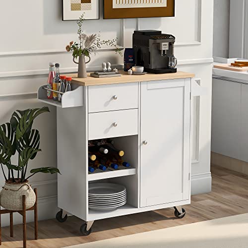 Kitchen Island Cart on Wheels with Storage, Rubberwood Top, 2 Drawers U912598