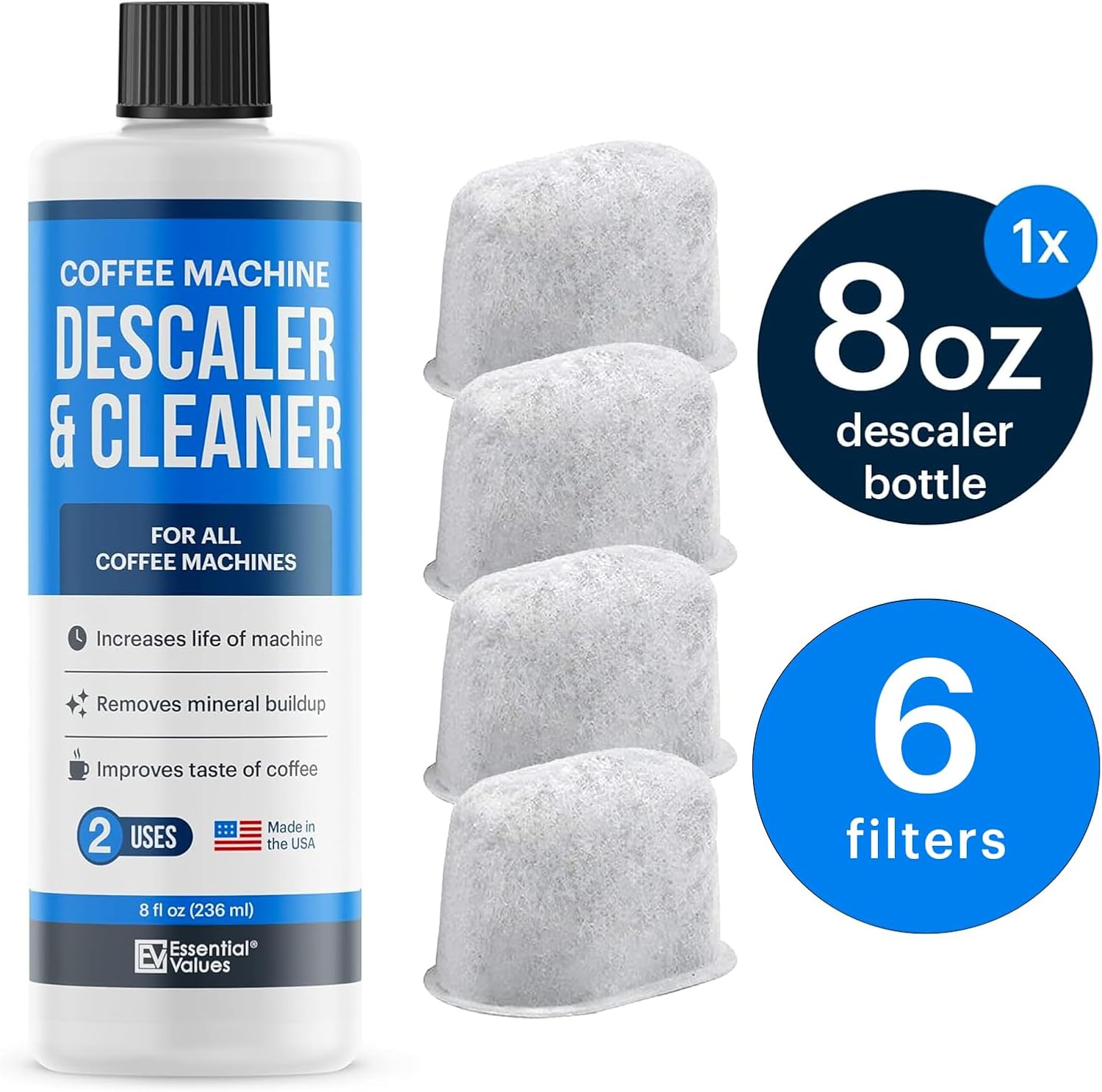 Essential Values Keurig Descaler & 6 Pack Replacement Filters, Brewer Care Kit T7965