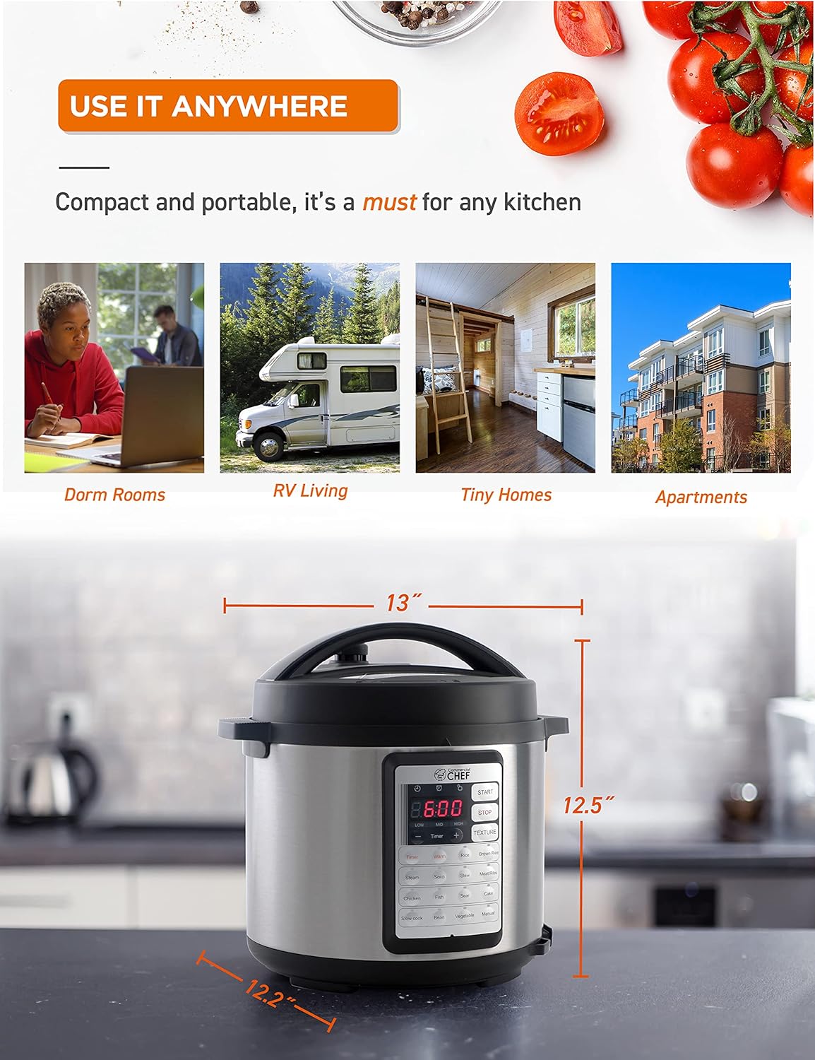Commercial Chef Electric Pressure Cooker 6.3 Qt, Stainless Steel Interior Y517