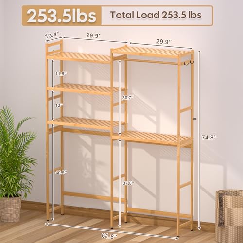 Cozivolife Over Washer Dryer Storage Shelf Bamboo 5 Tier Laundry Rack with Hooks G707