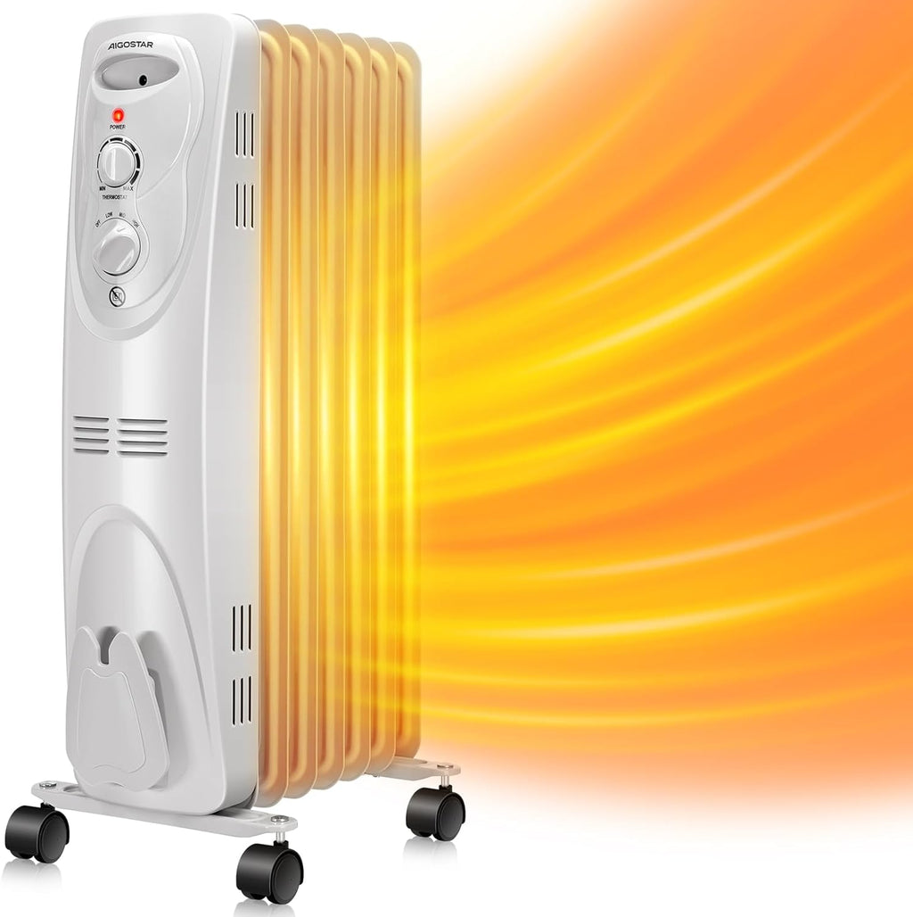 Aigostar 1500W Oil Heater 7-Fin Safe Heat, 3 Heat Setting Space Heater Adjustable Thermostat, Overheat & Tip-Over Protection, Heat Up 250 Square Feet, Quiet Oil Filled Radiator Heater for Indoor Use