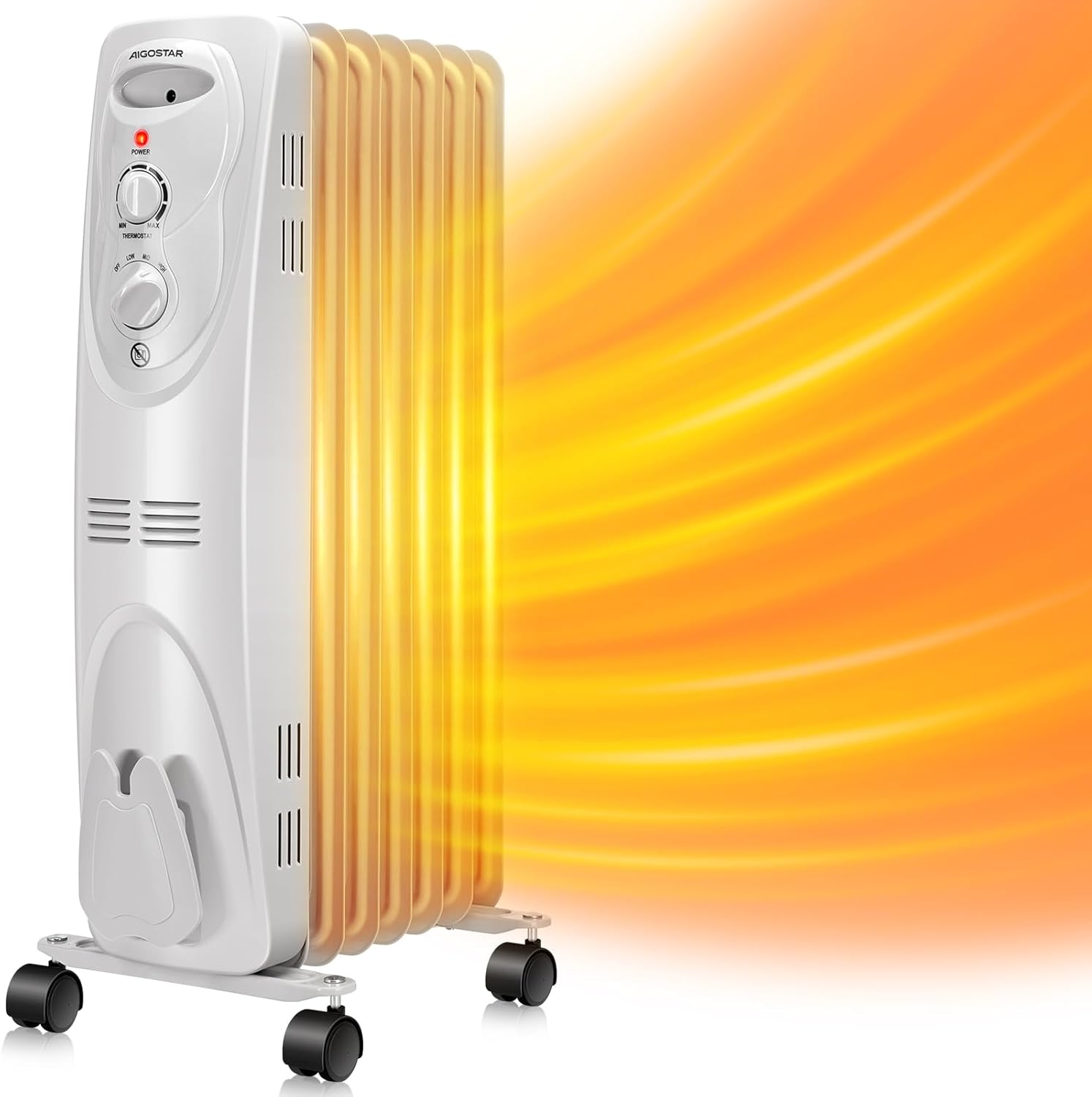 Aigostar 1500W Oil Heater 7-Fin Safe Heat, 3 Heat Setting Space Heater Adjustable Thermostat, Overheat & Tip-Over Protection, Heat Up 250 Square Feet, Quiet Oil Filled Radiator Heater for Indoor Use