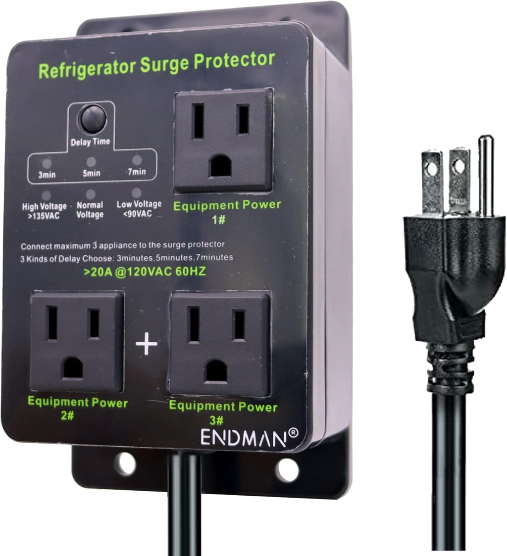 Refrigerator Surge Protector Three Outlet Voltage Protector for Home Appliances with Time Delay, Protects Against Brownout, Spike, Instant Surge All Voltage Abnormalities