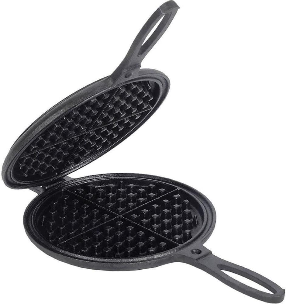 Lehman's Cast Iron Waffle Maker, Two Piece Hinged Non-Electric Waffle Iron for Stovetop or Grill Makes 7" Round Waffles, Non-Drip Double Rim, 8 pounds