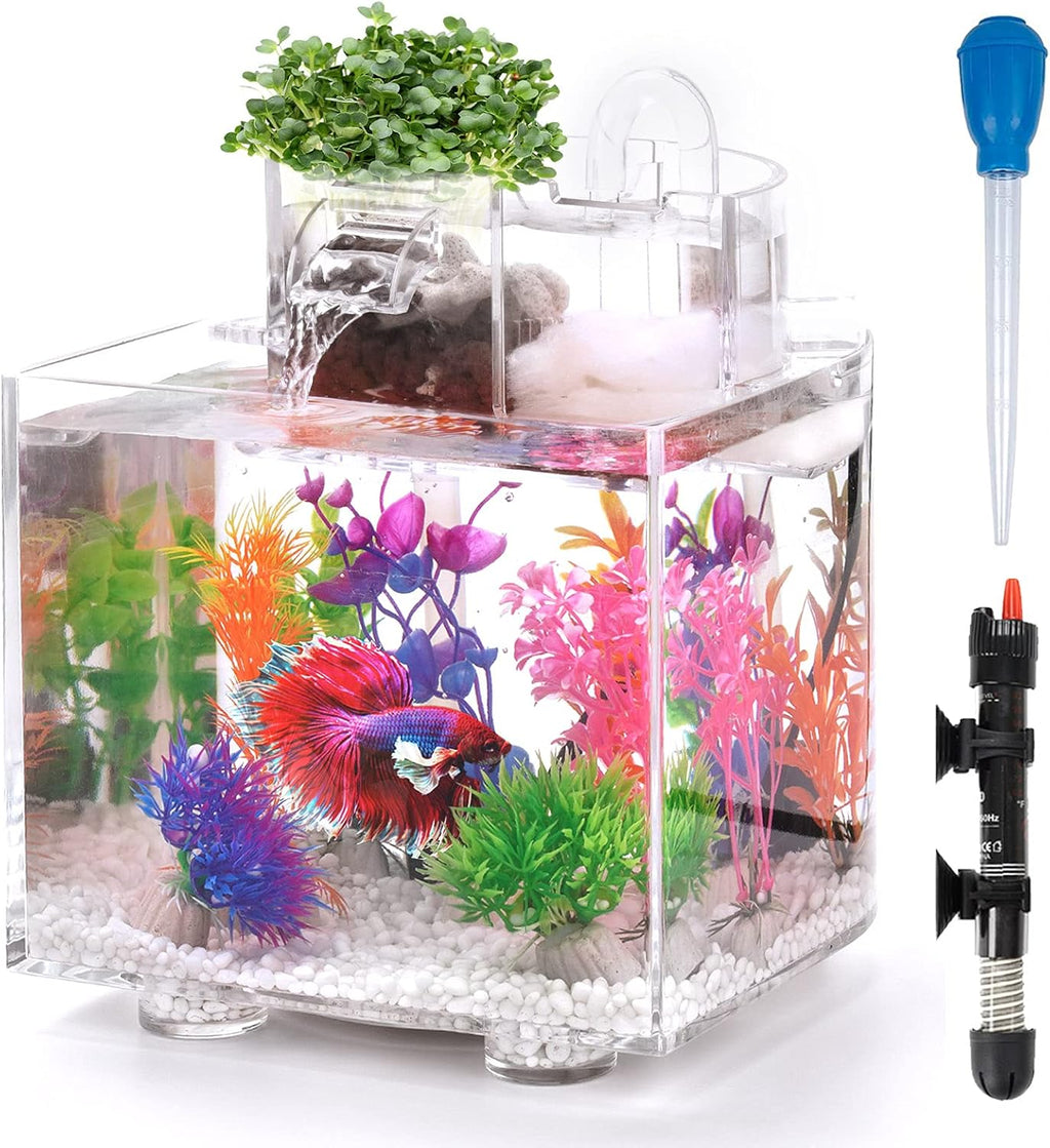 Betta Fish Tank, 1.6 Gallon Aquarium, Upgrade Hydroponics Growing System, Beta Fish Tank Self Cleaning with Heater and Filter, Aquaponic Fish Bowls Decorations for Water Plant Garden