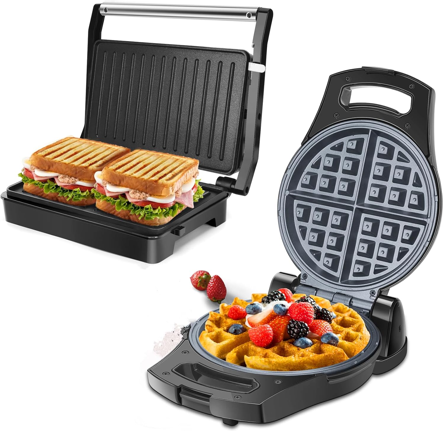 Aigostar Belgian Waffle Maker Thick 1.2", 8 Inch Flip Waffle Irons with Non Stick Surface，Panini Press Sandwich Maker, Aigostar 1000W Sandwich Press Grill