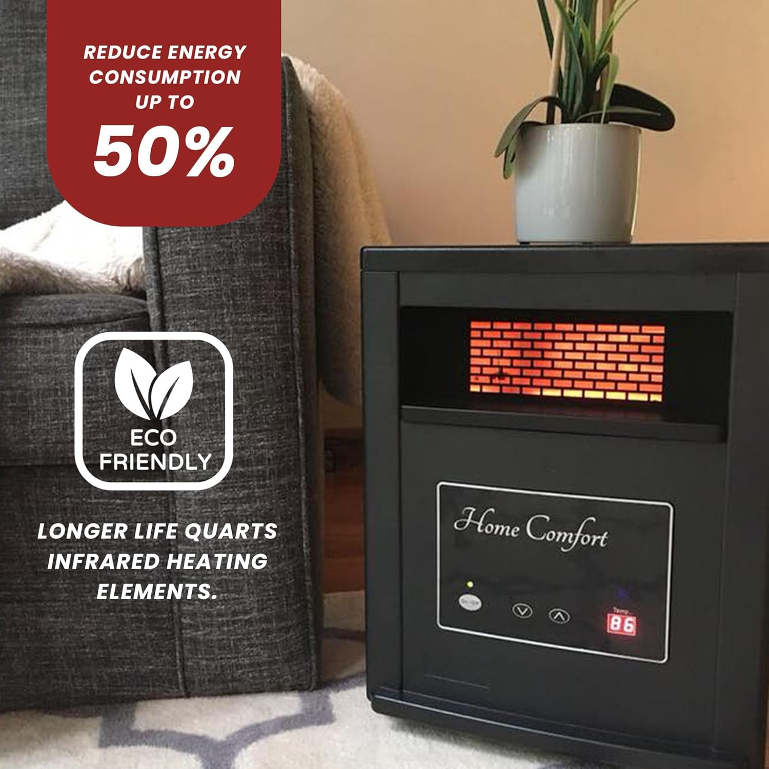 Home Comfort 1500W Infrared Heater with Thermostat and Remote Control, Black P998994