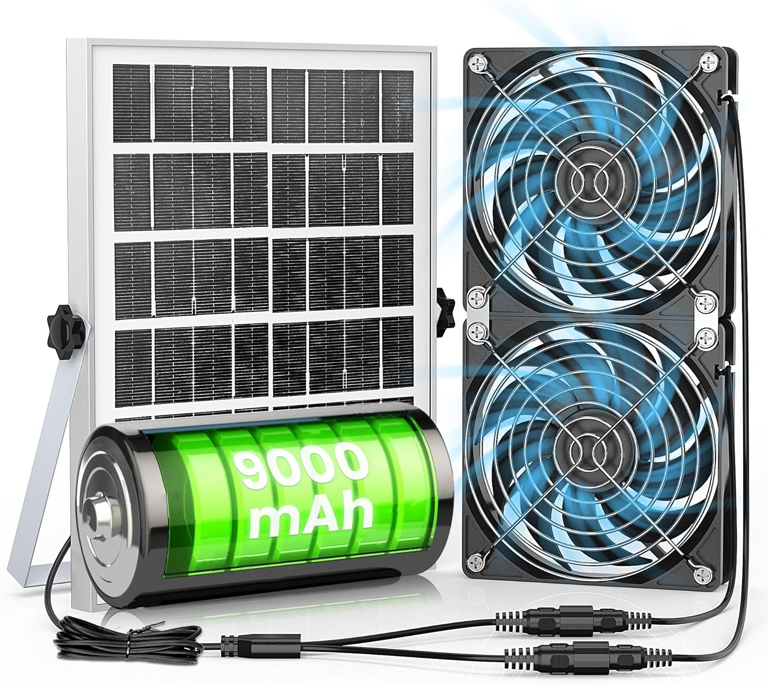 Solar Fan with Battery, 20W Solar Powered Greenhouse Exhaust Intake Fan for Outside Chicken Coop, Doghouses, Shed Circulation Cooling Ventilation, Waterproof, 9.8Ft On/Off Cable