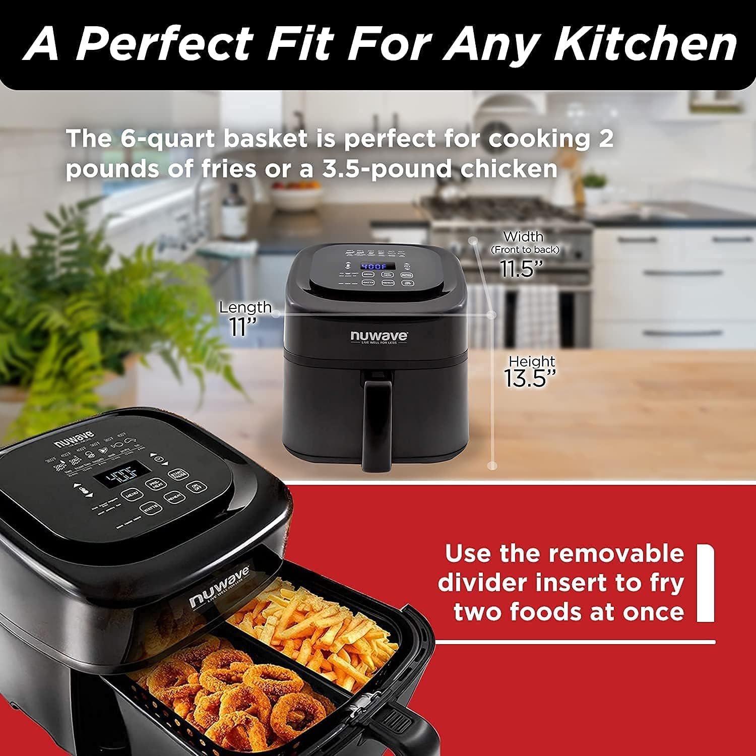 Nuwave Brio 6-Quart Digital Air Fryer with Non-Stick Baking Pan and Cooking Rack, Black G9833