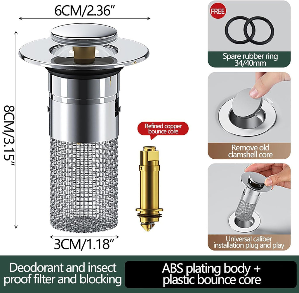 Bathroom Sink Stopper and Hair Catcher 2PCS 304 Stainless Steel Pop-Up Drain Strainer X767104