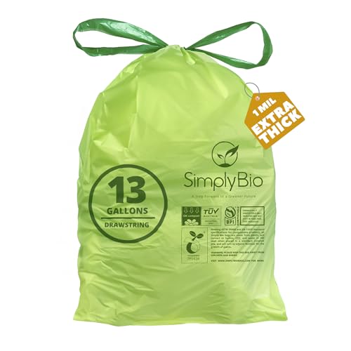 Simply Bio 13 Gallon 100% Compostable Trash Bags, Heavy Duty Extra Thick Tall Kitchen Food Scrap Waste Bag, ASTM D6400, US BPI and OK Compost Home Certified