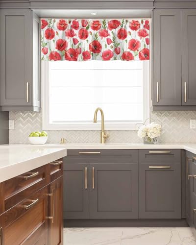 BUWOOGER Rod Pocket Window Valances Watercolor Red Poppy Flower White Short Kitchen Curtains 54x18IN, 1 Panel P92331