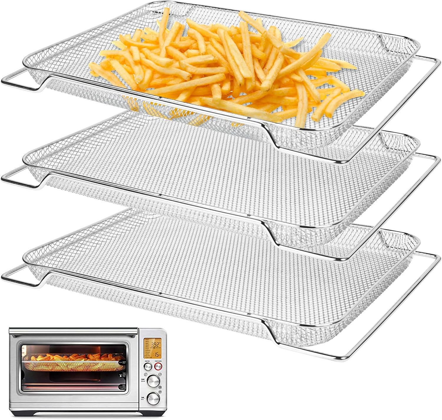 3Pcs Stainless Steel Air Fryer Basket for Breville Smart Oven Air Fryer Pro, Replacement Mesh Baskets Air Fryer Accessories Basket for Breville BOV900 Smart Air Fry Oven (16.5"D x 11.8"W x 0.75"H)