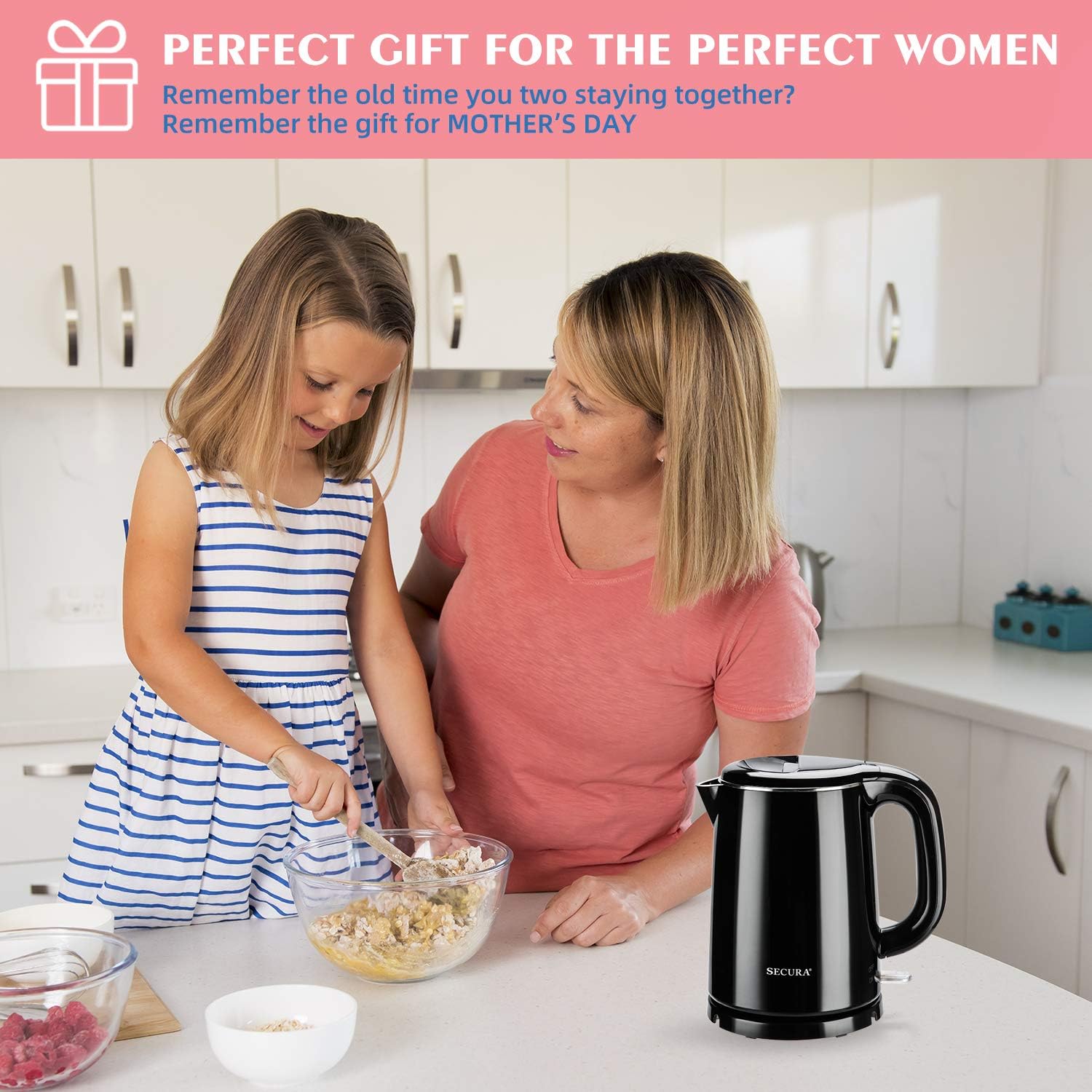 Secura Stainless Steel Double Wall Electric Kettle 1.0L Black E806