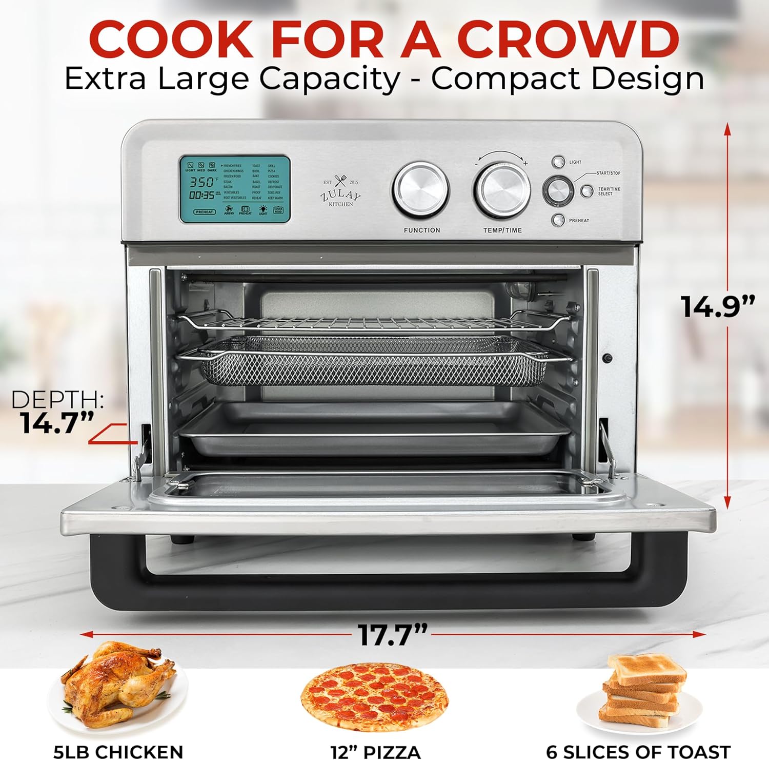 Zulay Large Countertop Air Fryer - Stainless Steel Toaster Oven Combo, 26.4Qt O966