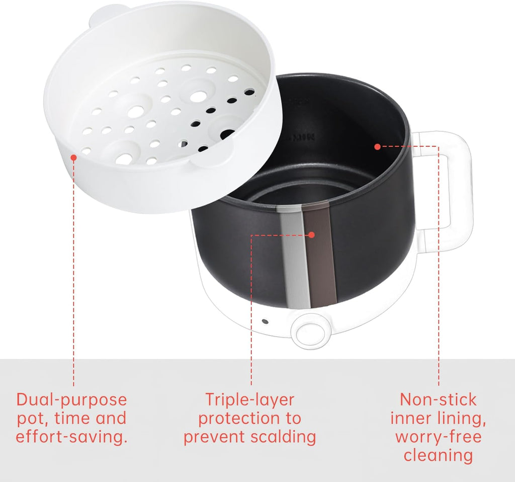 White Ramen Cooker Electric Mini 1.2L with Steamer Nonstick Coating K822