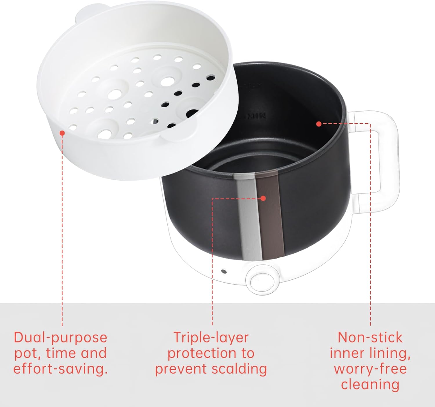 White Ramen Cooker Electric Mini 1.2L with Steamer Nonstick Coating K822