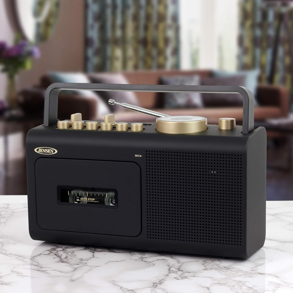 Jensen MCR-250 Portable Boombox Retro AM/FM Radio Cassette Player Recorder with Aux Input, Gold Edition W498