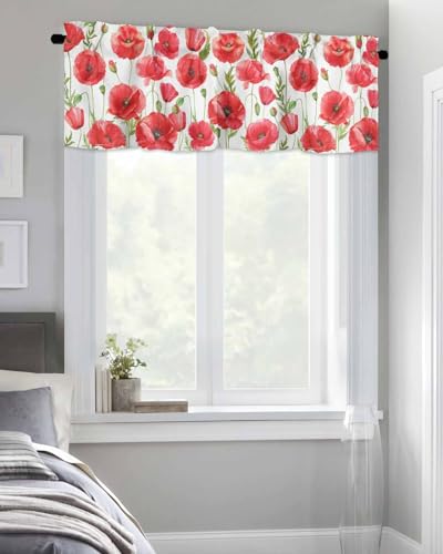 BUWOOGER Rod Pocket Window Valances Watercolor Red Poppy Flower White Short Kitchen Curtains 54x18IN, 1 Panel P92331