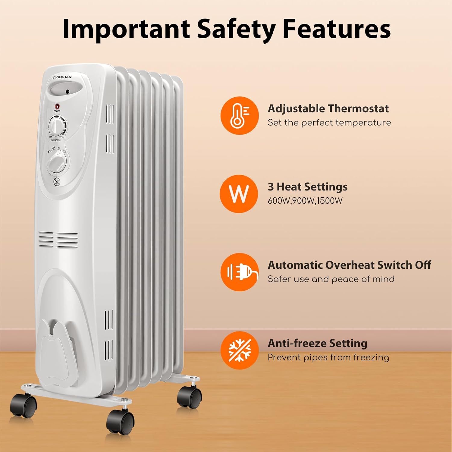 Aigostar 1500W Oil Filled Radiator Heater, 7-Fin, Adjustable Thermostat Y544