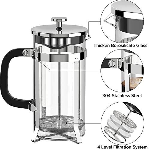 QUQIYSO French Press Coffee Maker 304 Stainless Steel with 4 Filter D497
