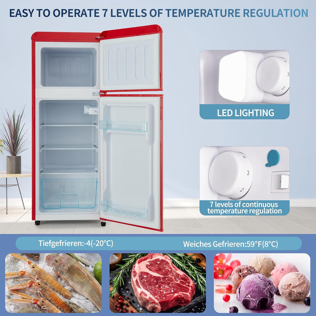 Dual Zone Compact Retro Refrigerator with Adjustable Shelves and LED Lighting V3026