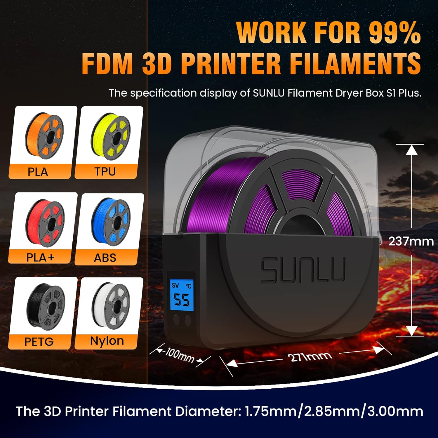 SUNLU Filament Dryer Box S1 Plus, Built-in Fan, Compatible with PLA PETG ABS A82541