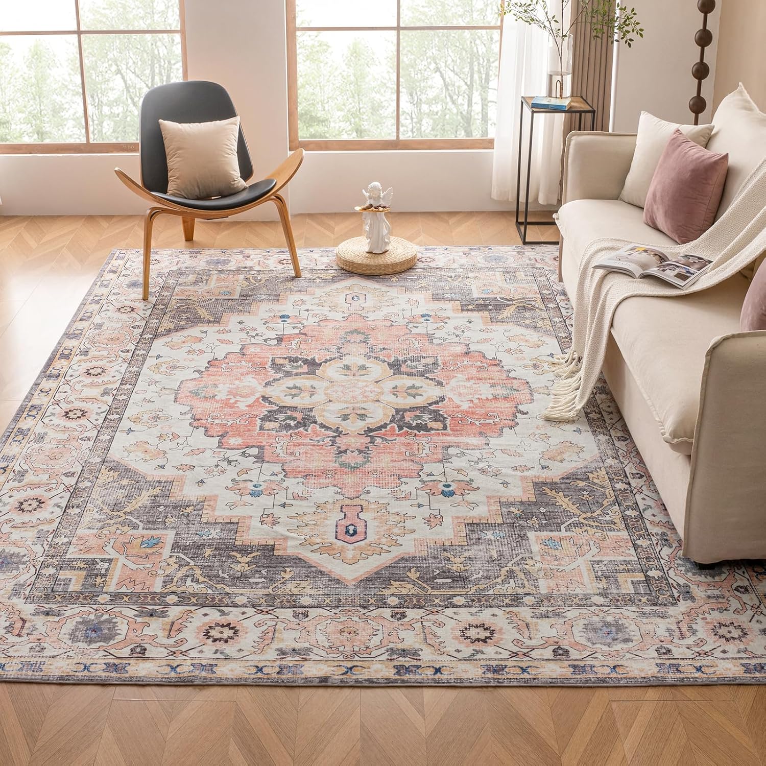 VK VK·LIVING Machine Washable Rug 5'x7' Vintage Design Washable Area Rugs with Non Slip Rugs for Living Room Bedroom Traditional Woven Rug Carpet Stain Resistant, Dining Office Boho Rug, (Mistyrose)