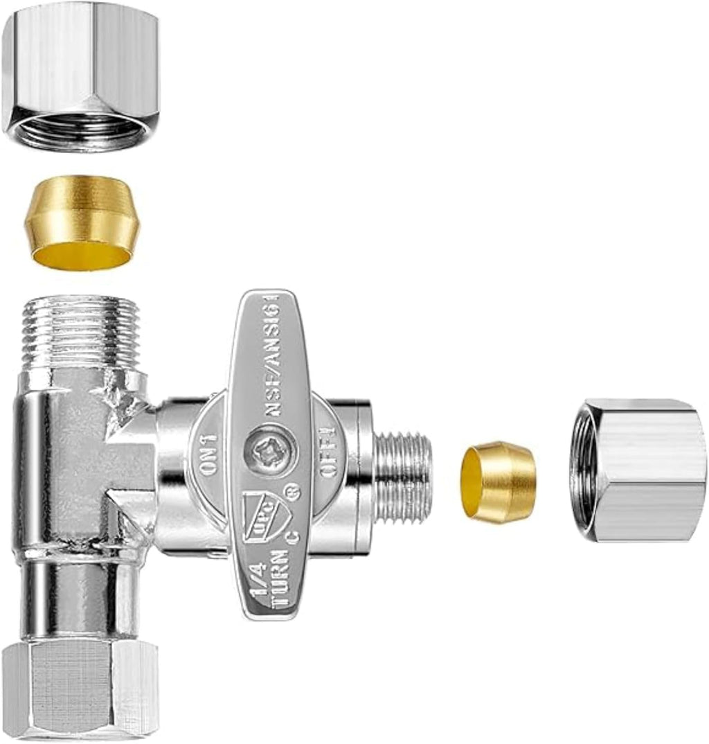Tee Stop Valve (3/8" x 3/8" x 1/4") - Lead-Free T-Valve for Faucets, Dishwashers, Refrigerators, Icemakers, RO Water Filters, Toilets, Bidets - Threaded 1/4 Turn Brass T-Connector Valves