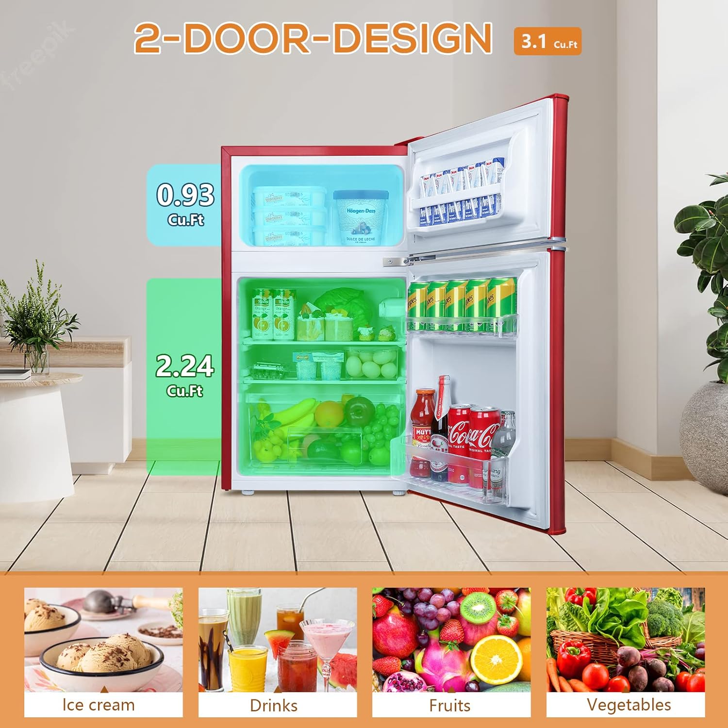Antarctic Star Compact Mini Refrigerator with Separate Freezer, 3.1 cu ft Double Door B52222