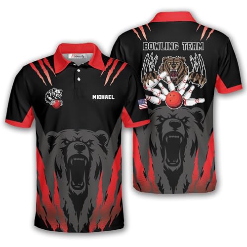 PRIMESTY Custom Bowling Shirts for Men and Women, Bear Bowling Polo Shirts, Personalized Bear Bowling Jerseys