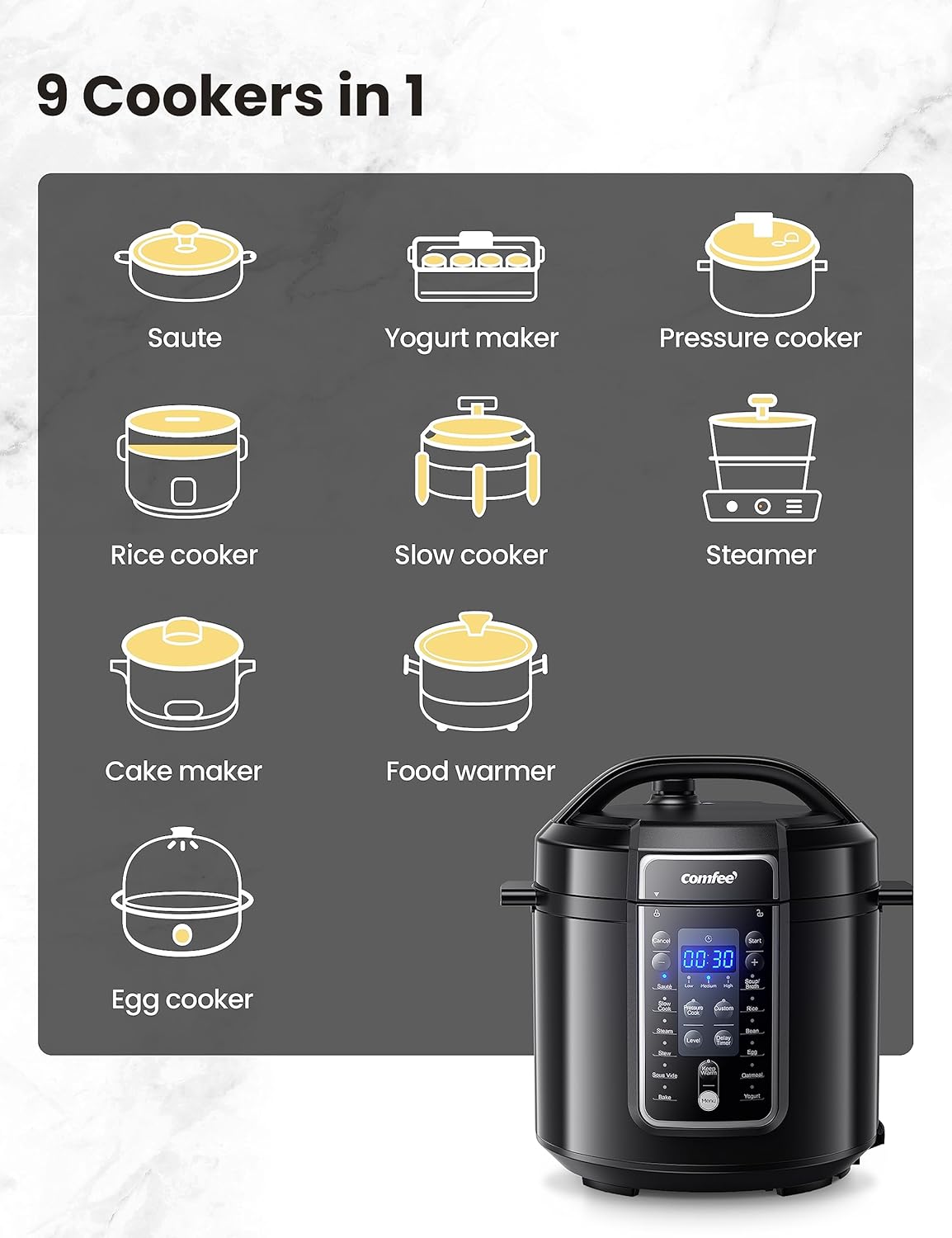 COMFEE’ 9-in-1 Electric Pressure Cooker 6 Quarts, Black B4598