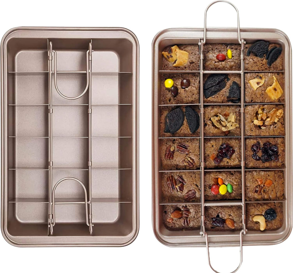 Brownie Pan, Non Stick Brownie Baking Tray with Built-in Slicer and Handle, 18 Pre-slicer Carbon Steel Bakeware, Cupcake Pan and Muffin for Oven Baking (1PACK)