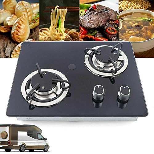 2 Burner RV Cooktop Propane Stove, Tempered Glass Stainless Steel Gas Hob B70455