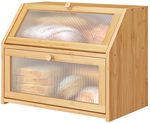 Vriccc Large Bread Box for Kitchen Counter,Large Corner Bamboo Wood Bread Box,Bread Storage Container