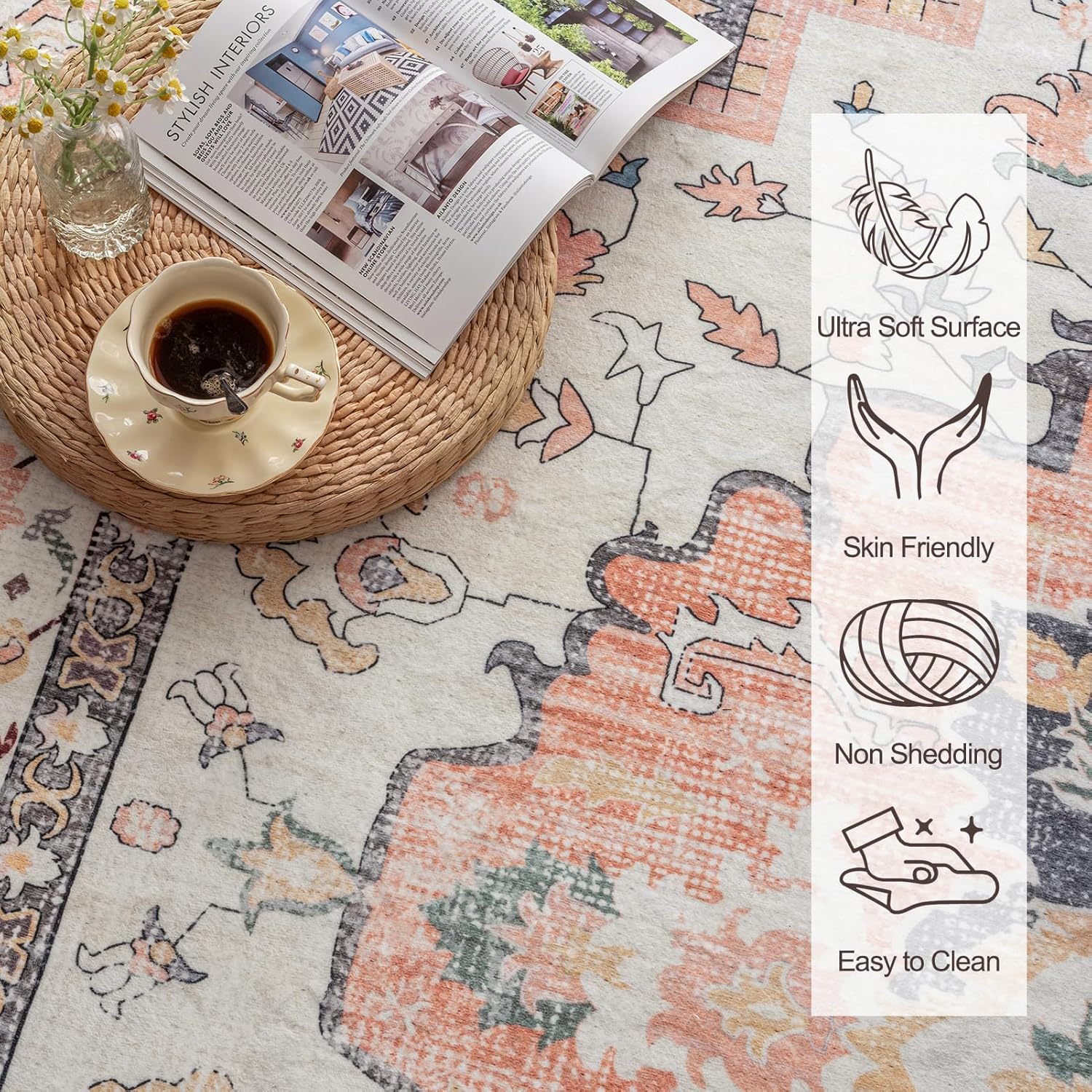 VK VK·LIVING Machine Washable Vintage Area Rug 5'x7' Mistyrose S8853