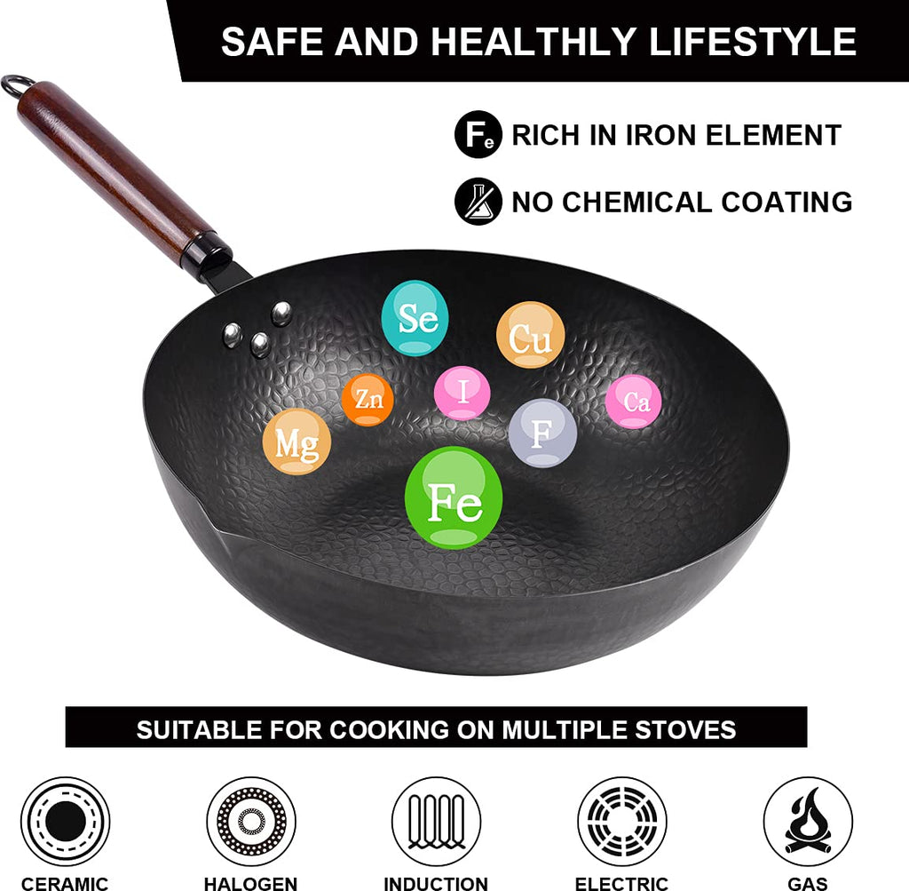 12.8" Carbon Steel Wok with Lid, Flat Bottom for Induction, Gas Stoves Z7353