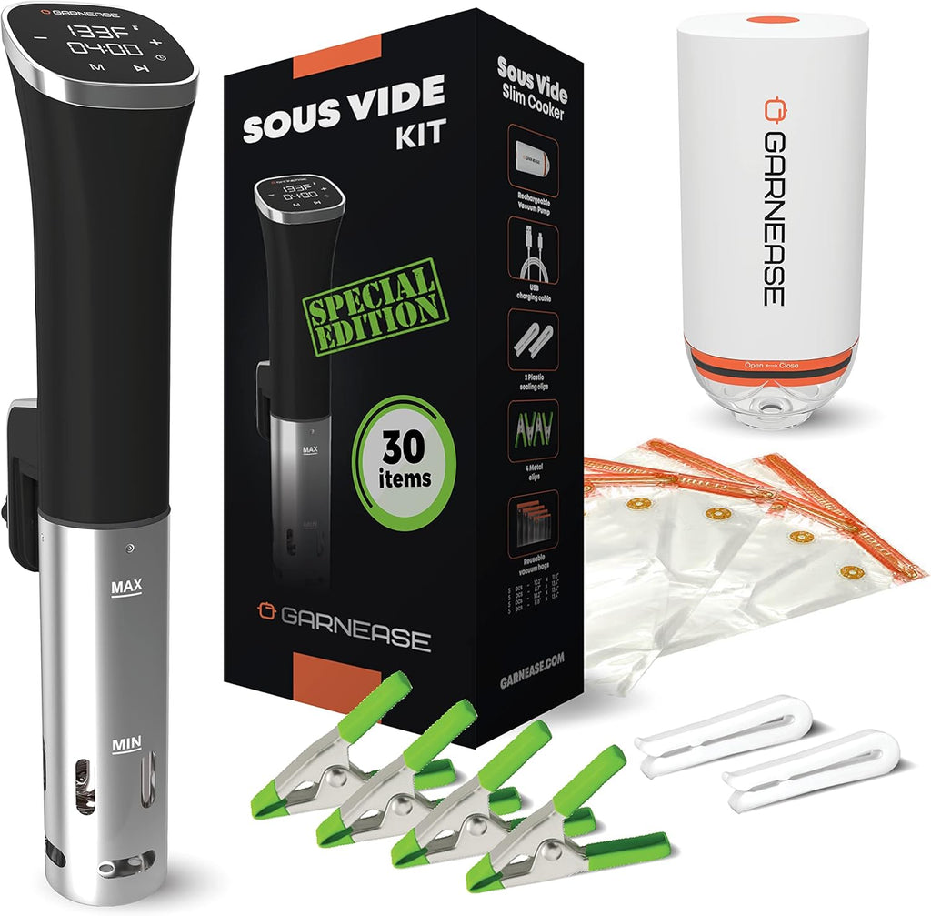 Sous Vide Cooker Starter Kit | All In One | Sous Vide Immersion Circulator Slim Design 1000W, 20 Sous Vide Reusable Vacuum Bags, Electric Pump, Sous Vide Clips, Cookbook | Special Edition