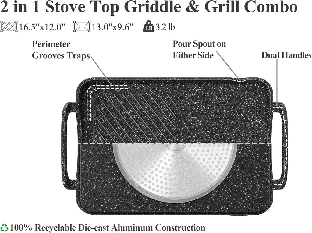 Nonstick Stove Top Griddle Pan, 16.5"x12", Double Burner Granite Cast Aluminum E95179