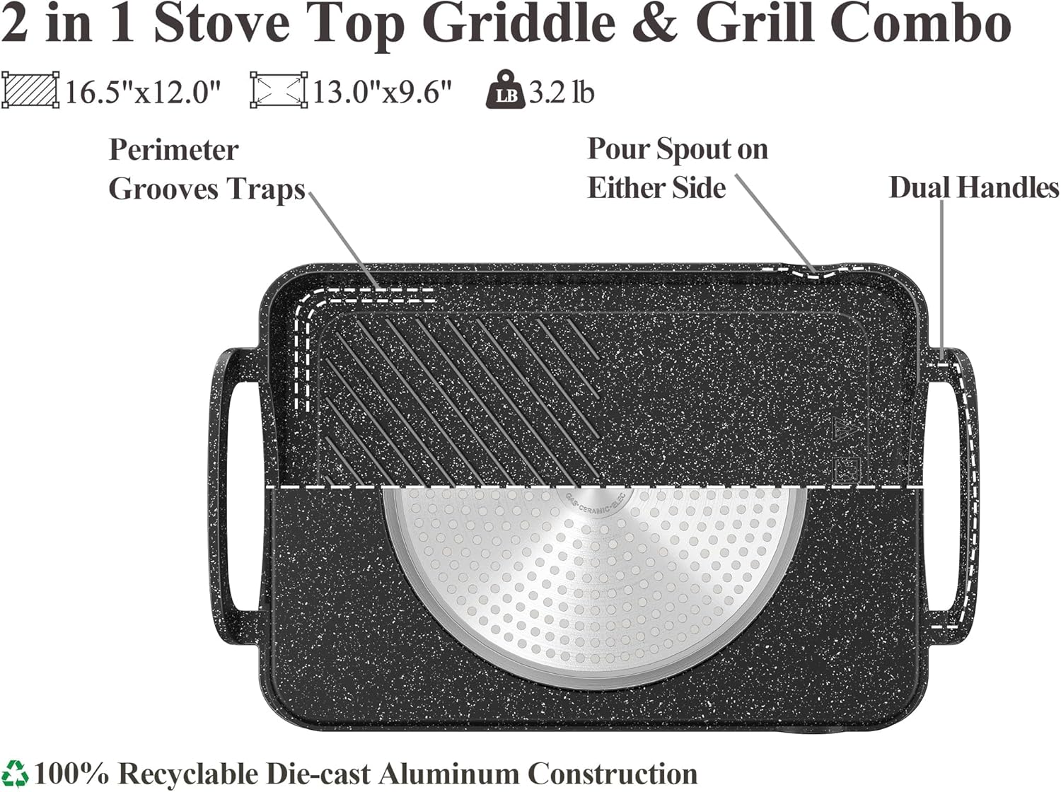 Nonstick Stove Top Griddle Pan, 16.5"x12", Double Burner Granite Cast Aluminum E95179
