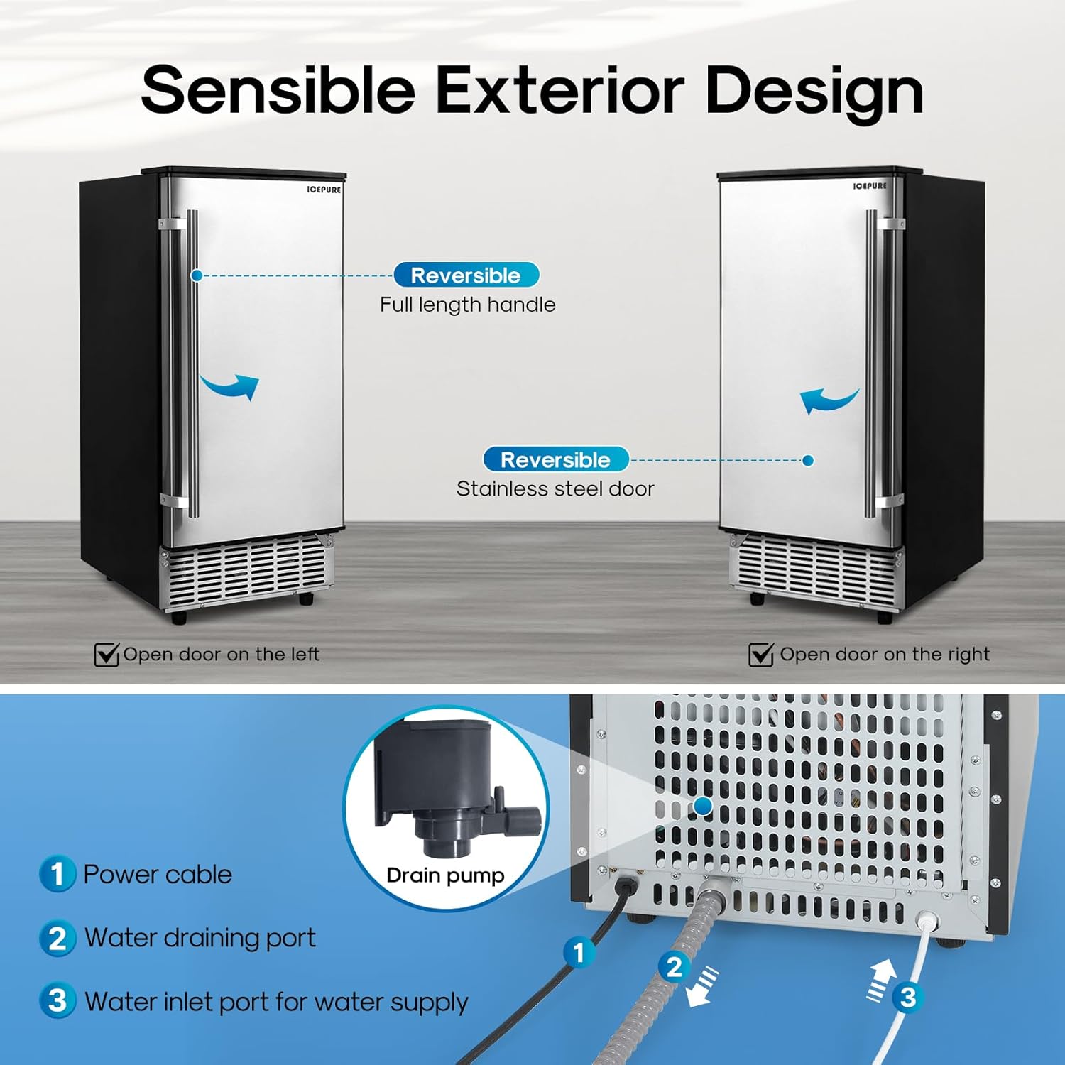 ICEPURE Commercial Ice Maker with Drain Pump, 80 Lbs/24H, Stainless Steel O4805