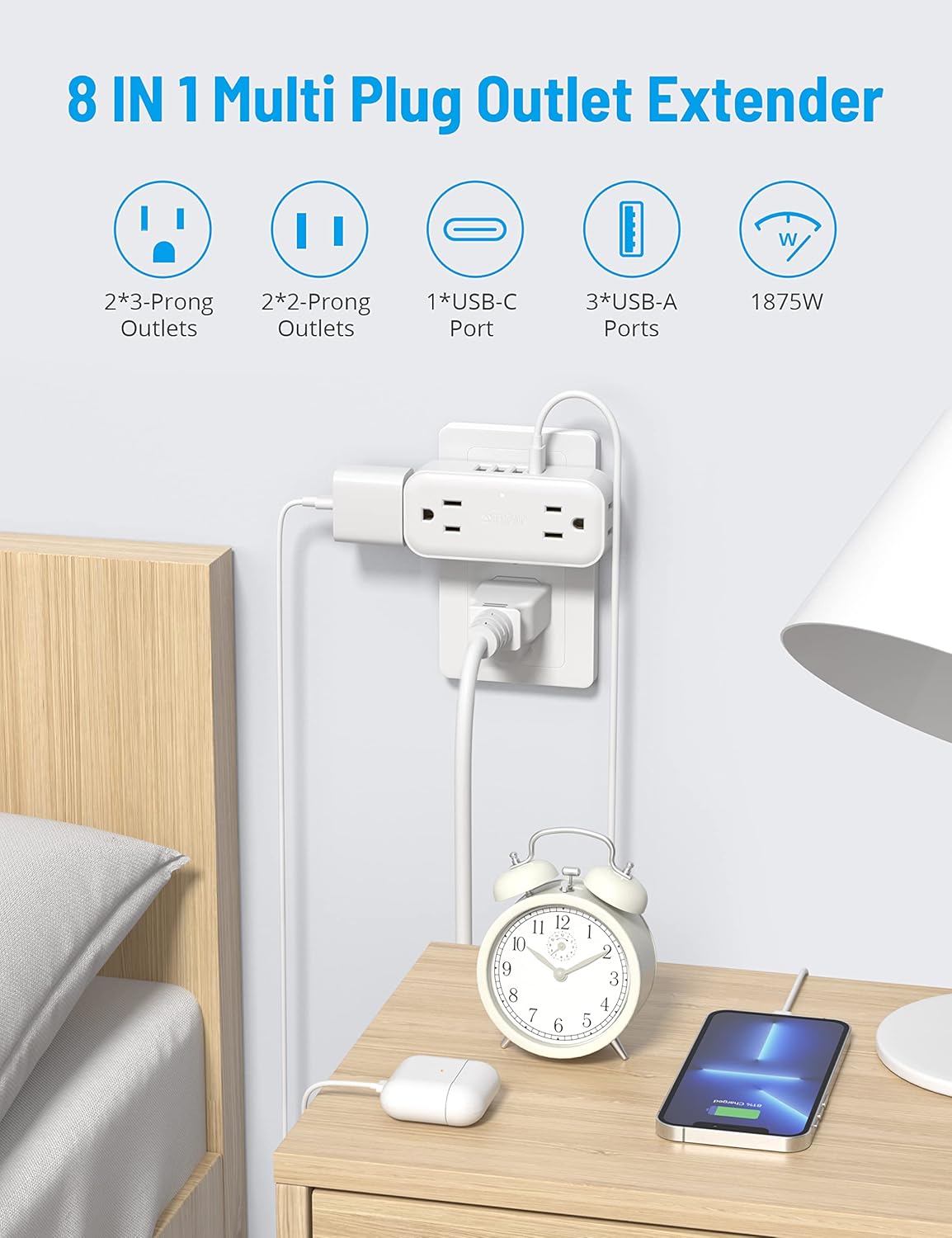 TROND Outlet Extender, 4 Electrical Outlets 4 USB Ports (1 USB C), White K39734