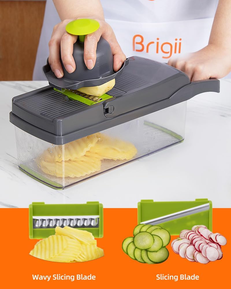 Brigii Vegetable Chopper with 12 Kitchen Gadgets, Mandoline Slicer & Dicer Cutter, Gray-Green L5019