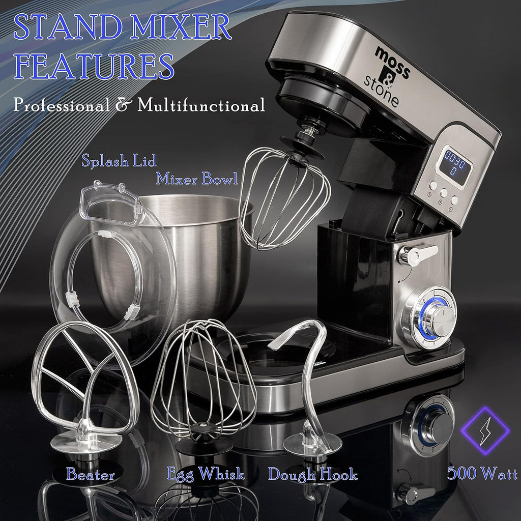 Moss & Stone Stand Mixer with LCD Display, 6 Speed, 5.5 Quart Stainless Steel Bowl Y6259