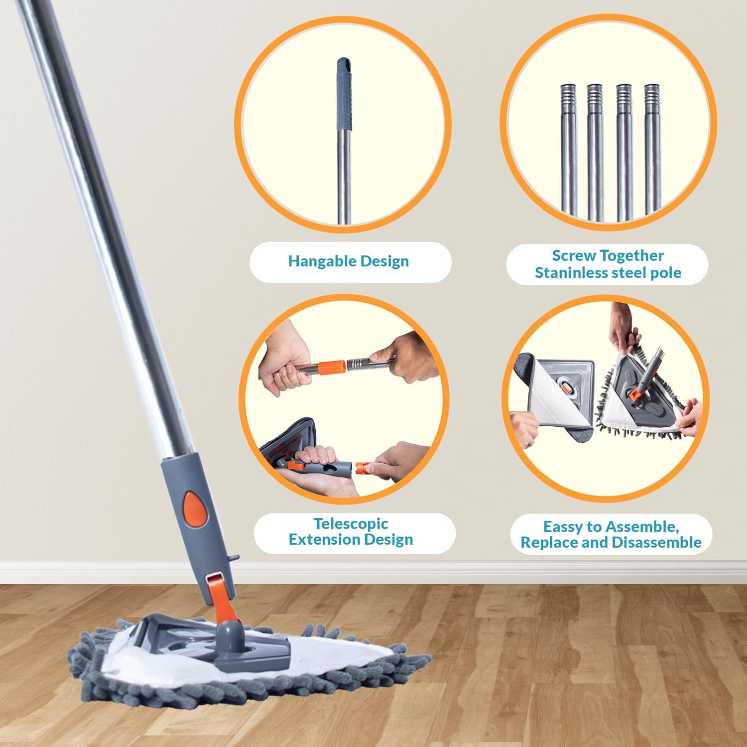 Sekundoj Wall Cleaning Mop with Long Handle 85 inches, 6 Microfiber Reusable Pads V34269