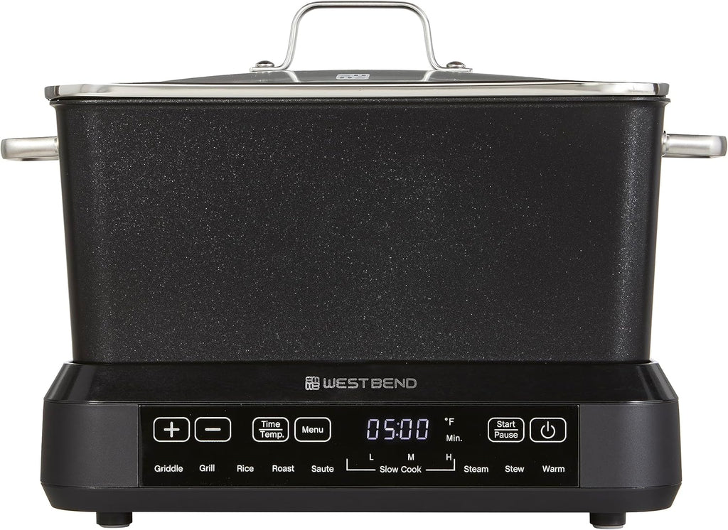 West Bend Versatility Plus Slow Cooker, Large-Capacity Non-Stick Multicooker with Variable Temperature Control, 20 Cooking Functions, 6-Quart, Black