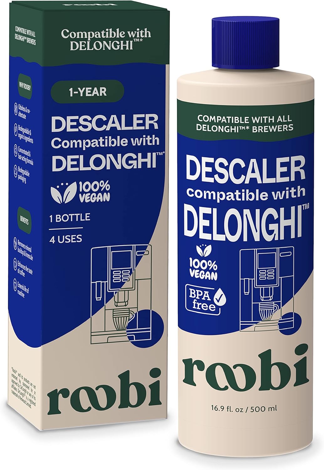 DeLonghi Compatible Descaling Solution. Clean & Descale your DeLonghi Coffee Maker. 4 Uses, Single Bottle. Eco-Friendly Carbon Neutral Cleaner Descaler Solution