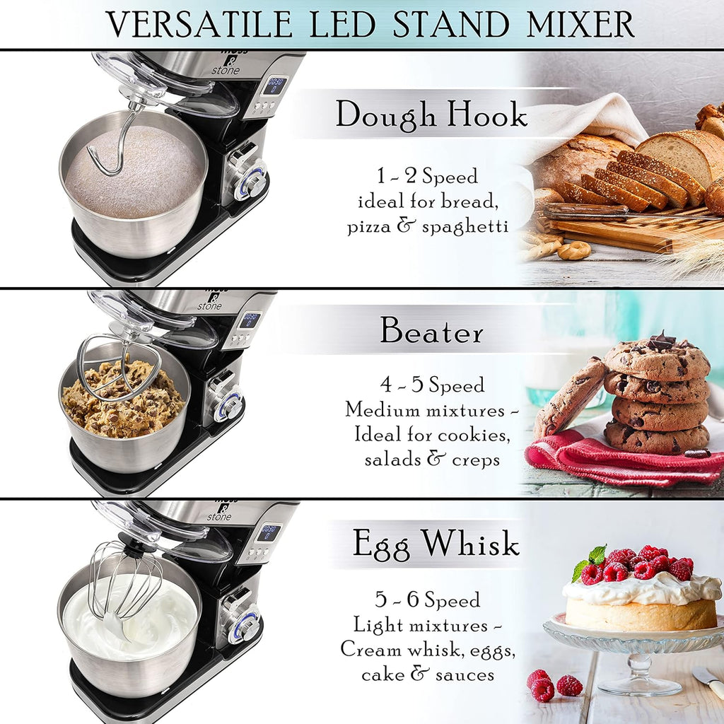 Moss & Stone Stand Mixer with LCD Display, 6 Speed, 5.5 Quart Stainless Steel Bowl Y6259
