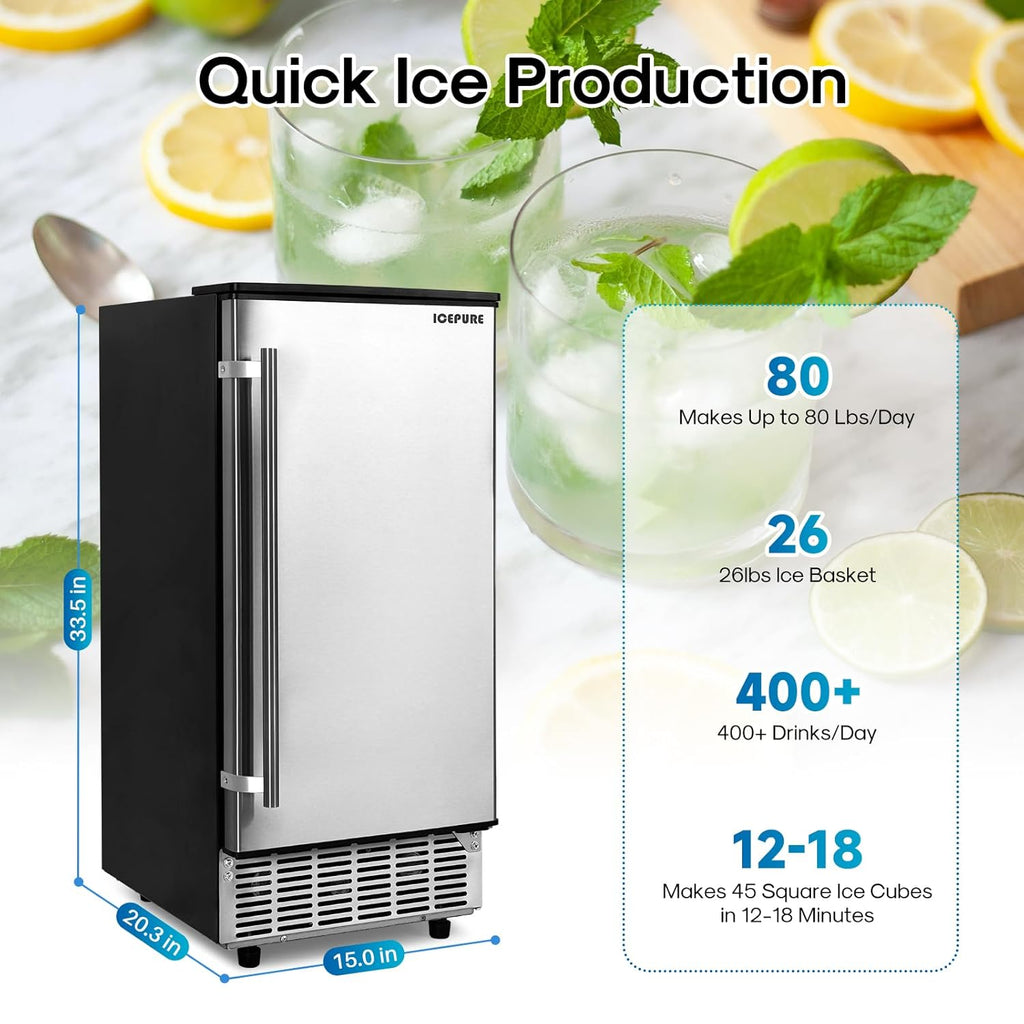 ICEPURE Commercial Ice Maker with Drain Pump, 80 Lbs/24H, Stainless Steel O4805