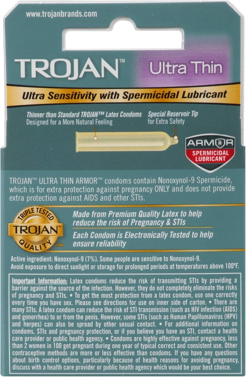 Trojan Condom Sensitivity Ultra Thin Spermicidal, 3 Count O714